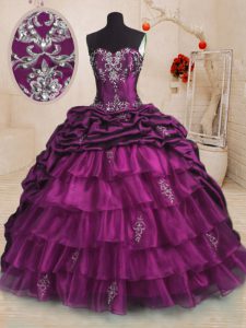 Most Popular Pick Ups Purple Sleeveless Organza and Taffeta Sweep Train Lace Up Quinceanera Gowns for Military Ball and Sweet 16 and Quinceanera