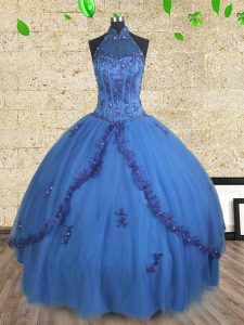 Deluxe Halter Top Floor Length Lace Up Quinceanera Dress Blue for Military Ball and Sweet 16 and Quinceanera with Beading