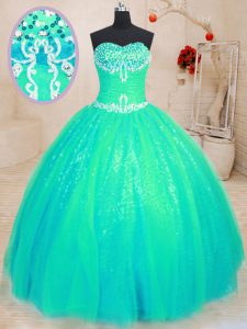 Turquoise Quinceanera Gown Military Ball and Sweet 16 and Quinceanera and For with Beading and Appliques Sweetheart Sleeveless Lace Up