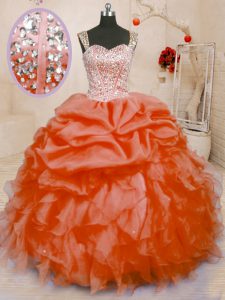 Cheap Organza Straps Sleeveless Lace Up Beading and Ruffles and Pick Ups Sweet 16 Quinceanera Dress in Orange Red