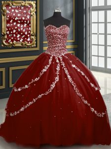 Sweetheart Sleeveless Tulle Ball Gown Prom Dress Beading and Appliques Brush Train Lace Up