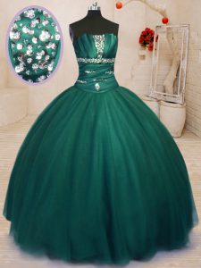 Exquisite Dark Green Sleeveless Floor Length Beading Lace Up Quinceanera Dress