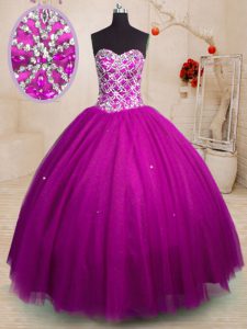 Fuchsia Ball Gowns Beading Quince Ball Gowns Lace Up Tulle Sleeveless Floor Length