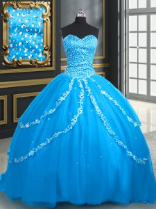 Deluxe Sweetheart Sleeveless Sweet 16 Dress With Brush Train Beading and Appliques Aqua Blue Tulle