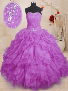 Gorgeous Purple Lace Up Quinceanera Dresses Beading and Ruffles and Ruching Sleeveless Floor Length