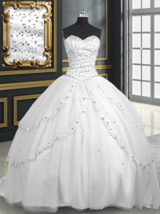 White Sleeveless Tulle Brush Train Lace Up Quince Ball Gowns for Military Ball and Sweet 16 and Quinceanera