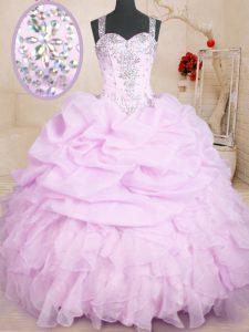 Pick Ups Ball Gowns Sweet 16 Dresses Lilac Straps Organza Sleeveless Floor Length Lace Up