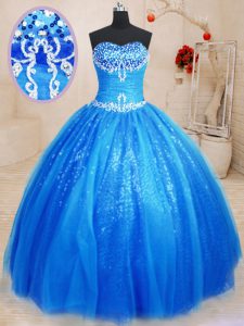 Sweetheart Sleeveless Tulle and Sequined Quinceanera Dresses Beading and Appliques Lace Up