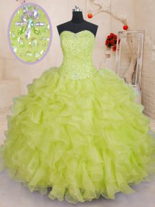 Popular Yellow Green Ball Gowns Sweetheart Sleeveless Organza Floor Length Lace Up Beading and Ruffles Quince Ball Gowns