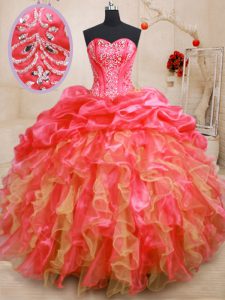 Red Organza Lace Up Sweetheart Sleeveless Floor Length 15 Quinceanera Dress Beading and Ruffles