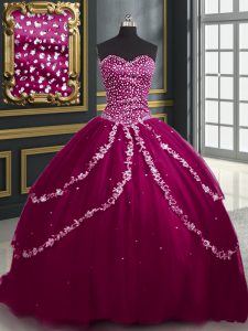 With Train Ball Gowns Sleeveless Burgundy and Fuchsia 15 Quinceanera Dress Brush Train Lace Up