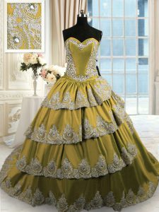 Graceful With Train Lace Up 15th Birthday Dress Olive Green for Military Ball and Sweet 16 and Quinceanera with Beading and Appliques and Ruffled Layers