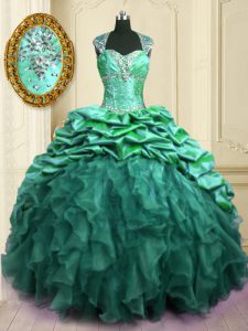 Sweetheart Cap Sleeves Organza and Taffeta Quinceanera Gowns Beading and Ruffles and Pick Ups Brush Train Lace Up