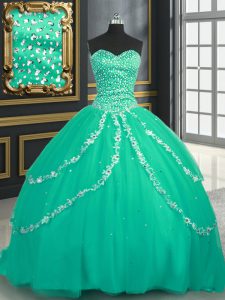 Modern Turquoise Lace Up Sweetheart Beading and Appliques Quinceanera Dresses Tulle Sleeveless Brush Train