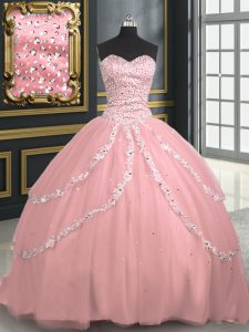 Sweet With Train Pink Quinceanera Dress Tulle Brush Train Sleeveless Beading and Appliques