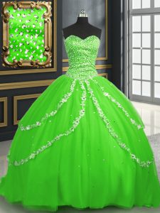 Gorgeous With Train 15th Birthday Dress Tulle Brush Train Sleeveless Beading and Appliques