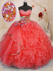 Colorful Coral Red Sweetheart Lace Up Beading and Ruffles Sweet 16 Dress Sleeveless