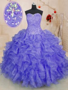 Floor Length Lavender Sweet 16 Dress Organza Sleeveless Beading and Ruffles