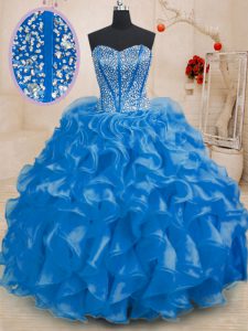 Floor Length Lace Up 15th Birthday Dress Royal Blue for Military Ball and Sweet 16 and Quinceanera with Beading and Ruffles