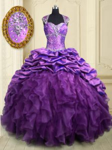 Colorful Pick Ups Purple Cap Sleeves Organza and Taffeta Brush Train Lace Up Quinceanera Dresses for Military Ball and Sweet 16 and Quinceanera
