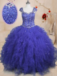 Super Floor Length Royal Blue Quince Ball Gowns Tulle Cap Sleeves Beading and Ruffles and Sequins