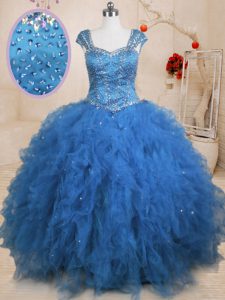 Captivating Floor Length Lace Up Quinceanera Gown Teal for Military Ball and Sweet 16 and Quinceanera with Beading and Ruffles and Sequins