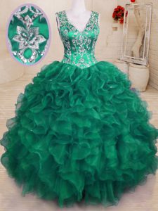 Ideal Dark Green Ball Gowns Organza V-neck Sleeveless Beading and Embroidery and Ruffles Floor Length Zipper Quinceanera Gown