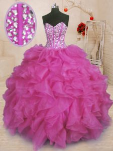 Fuchsia Organza Lace Up Sweetheart Sleeveless Floor Length Quinceanera Gown Beading and Ruffles