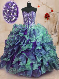 Multi-color Lace Up Sweet 16 Dress Beading and Ruffles Sleeveless Floor Length