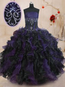 Decent Ball Gowns Ball Gown Prom Dress Black And Purple Strapless Organza Sleeveless Floor Length Lace Up