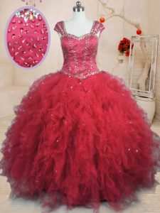 New Style Square Cap Sleeves Lace Up Quinceanera Gowns Red Tulle