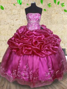 Trendy Strapless Sleeveless Quinceanera Dresses Floor Length Beading and Embroidery and Pick Ups Fuchsia Organza