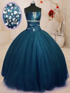Superior Navy Blue Sleeveless Floor Length Beading Lace Up Quinceanera Dress