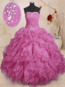 Dramatic Fuchsia Ball Gowns Beading and Ruffles and Ruching Casual Dresses Lace Up Organza Sleeveless Floor Length