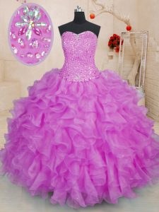 New Arrival Fuchsia Sleeveless Floor Length Beading and Ruffles Lace Up Party Dress for Toddlers