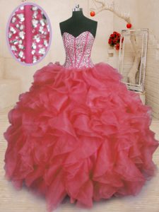High End Coral Red Organza Lace Up Quince Ball Gowns Sleeveless Floor Length Beading and Ruffles