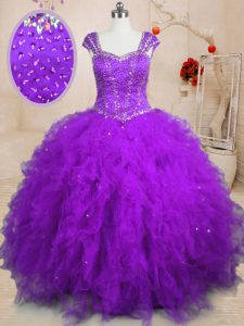 Purple Ball Gowns Tulle Square Cap Sleeves Beading and Ruffles Floor Length Lace Up Ball Gown Prom Dress