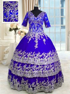Ruffled Ball Gowns Sweet 16 Quinceanera Dress Blue V-neck Satin and Tulle Half Sleeves Floor Length Zipper