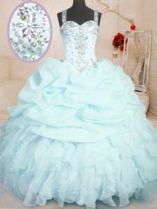 Sleeveless Floor Length Beading and Ruffles and Pick Ups Zipper Ball Gown Prom Dress with Light Blue