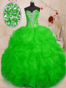 Custom Made Green Organza Lace Up Sweetheart Sleeveless Floor Length Quinceanera Gowns Beading and Ruffles