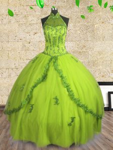 Halter Top Floor Length Lace Up Vestidos de Quinceanera Yellow Green for Military Ball and Sweet 16 and Quinceanera with Beading