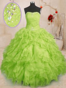 Strapless Sleeveless 15th Birthday Dress Floor Length Beading and Ruffles and Ruching Yellow Green Organza