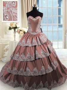 Chic Brown Sweet 16 Dress Military Ball and Sweet 16 and Quinceanera and For with Beading and Appliques and Ruffled Layers Sweetheart Sleeveless Court Train Lace Up