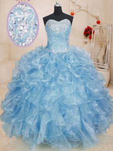 Sweetheart Sleeveless Sweet 16 Dress Floor Length Beading and Ruffles Blue Organza