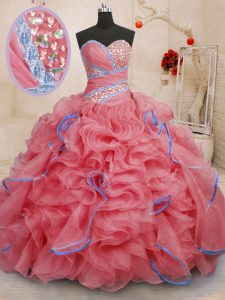 Coral Red Ball Gowns Organza Sweetheart Sleeveless Beading and Ruffles With Train Lace Up Quinceanera Dress Brush Train