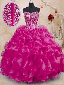 New Style Sweetheart Sleeveless Dama Dress for Quinceanera Floor Length Beading and Ruffles Fuchsia Organza