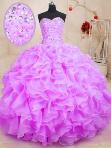 Affordable Floor Length Lilac Sweet 16 Dress Organza Sleeveless Beading and Ruffles