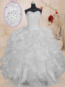 Noble Sweetheart Sleeveless Quinceanera Court of Honor Dress Floor Length Beading and Ruffles White Organza