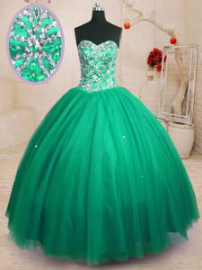 Shining Dark Green Tulle Lace Up 15th Birthday Dress Sleeveless Floor Length Beading