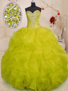 Stunning Organza Sweetheart Sleeveless Lace Up Beading and Ruffles Sweet 16 Dresses in Yellow Green